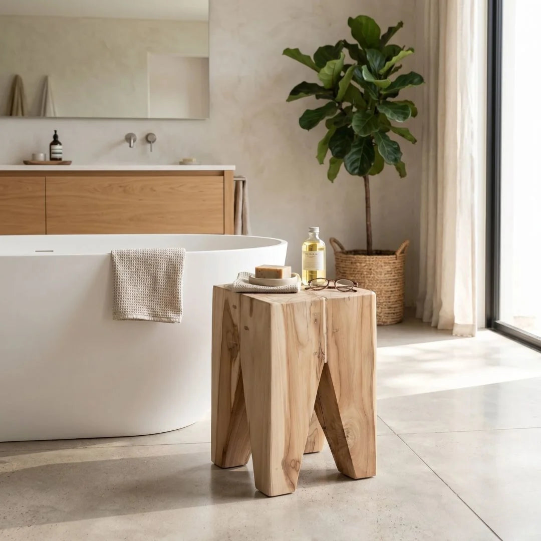 Square teak side table next to a bath 