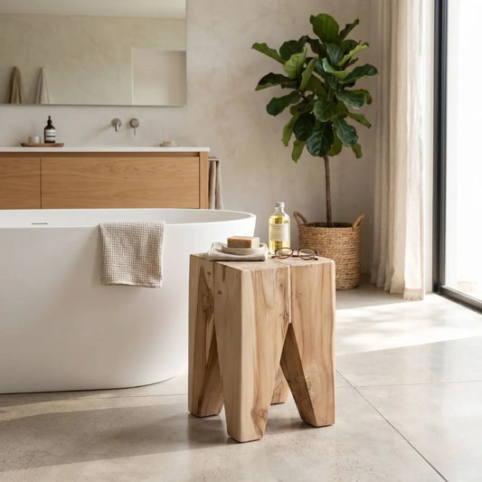 Square teak side table next to a bath 