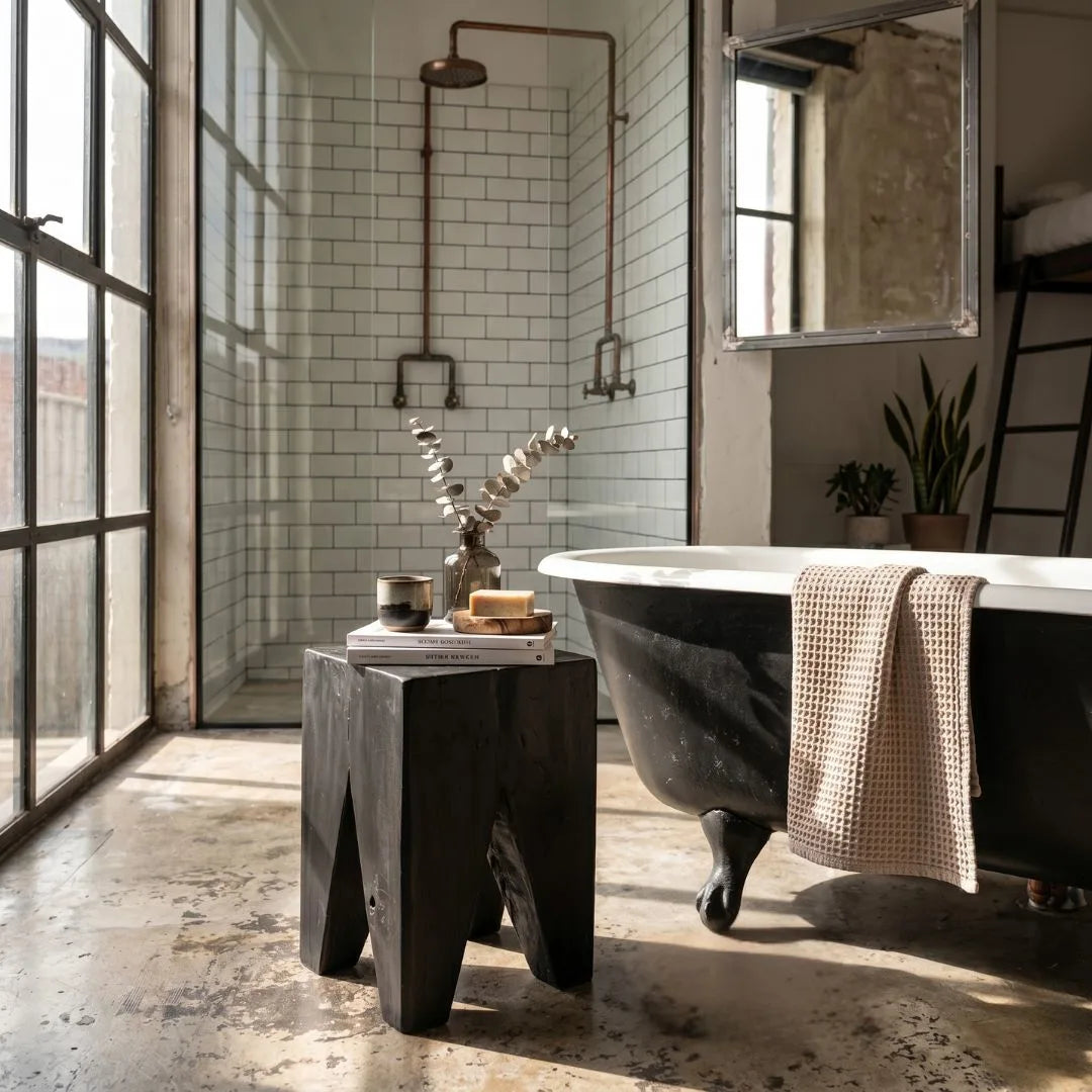 Black Teak square peg stump stool in a industrial bathroom