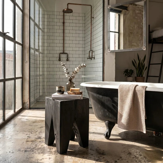 Black Teak square peg stump stool in a industrial bathroom