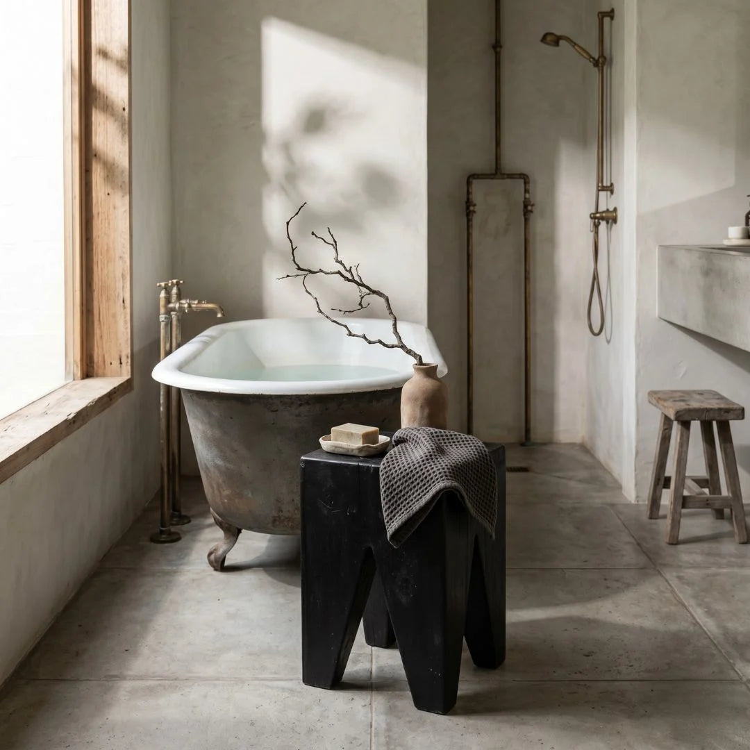 Black Teak square peg stump stool in a modern rustic bathroom