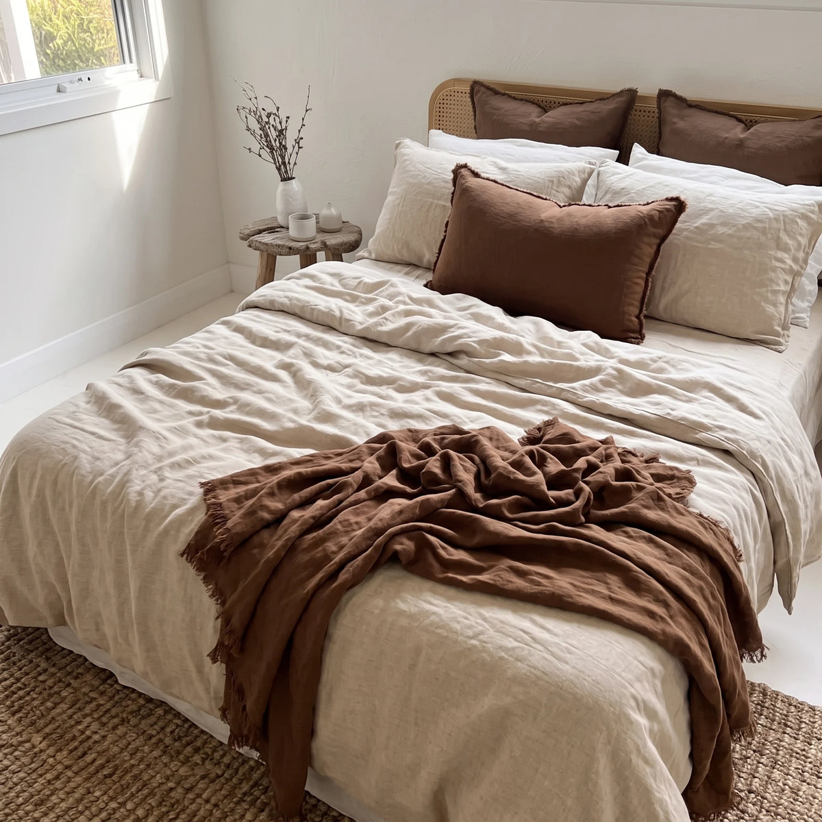 A neatly made bed in a bright bedroom setting, styled with cream-colored bedding, a brown throw blanket draped across the foot of the bed, and several brown and cream pillows. A small wooden side table with a vase of branches sits beside the window.