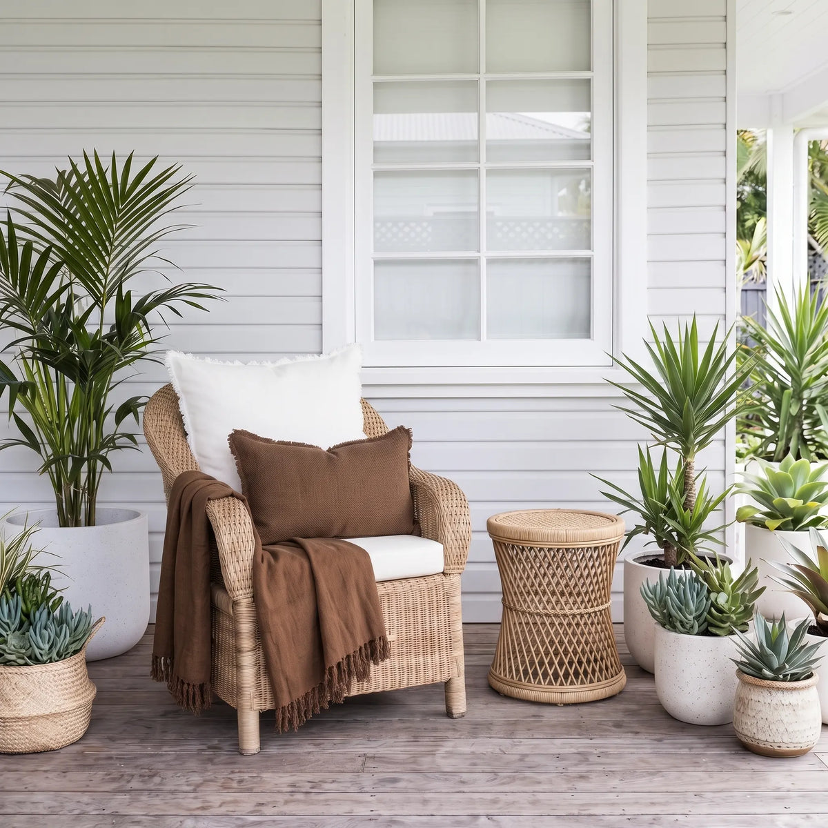 A wicker armchair on a porch with a white pillow, a brown throw pillow, a brown fringed throw blanket, and a matching brown side table, surrounded by potted green plants against a white shiplap wall.