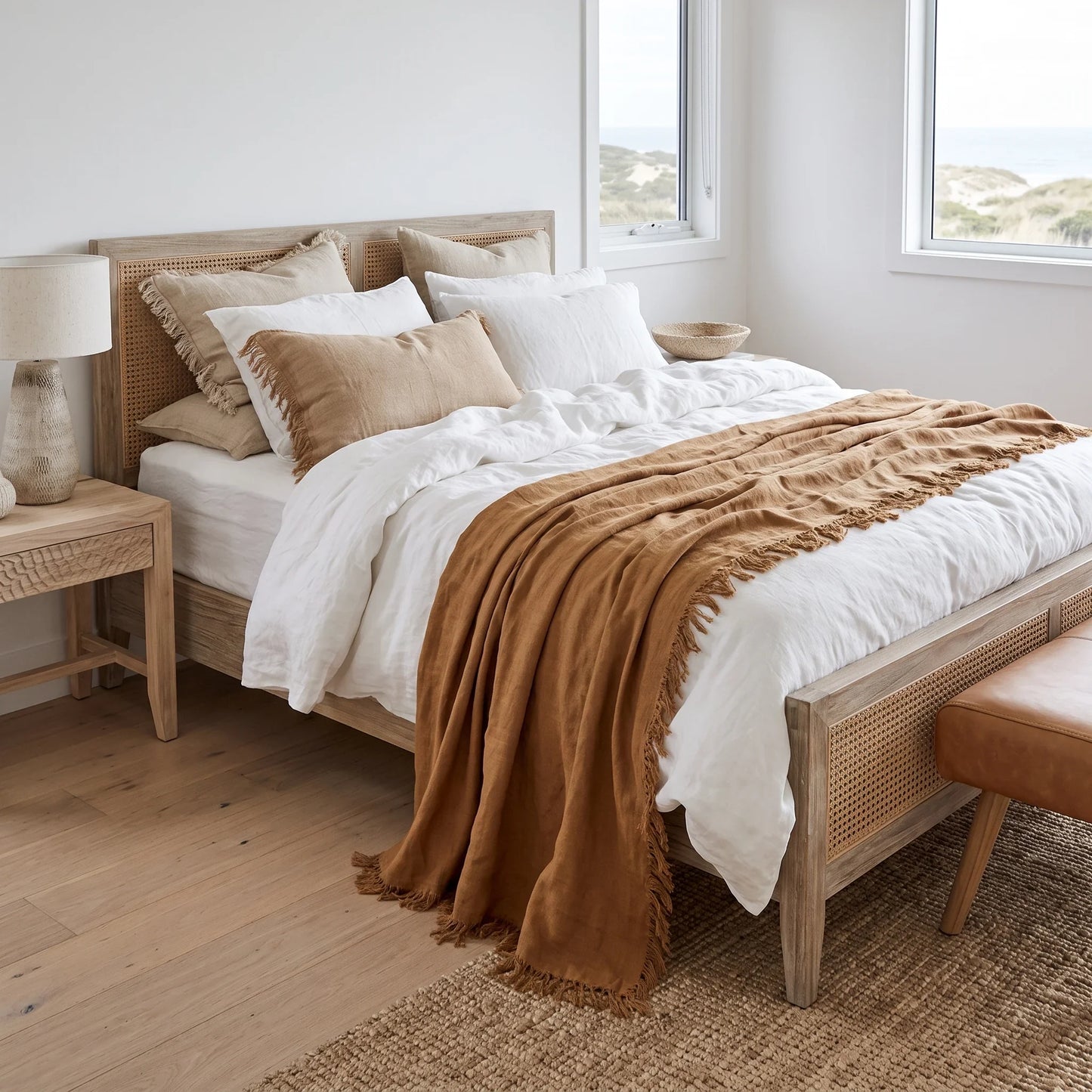 A styled bedroom scene featuring a wooden bed frame with woven cane panels, dressed in white bedding and a rust-brown fringed throw blanket. The bed is positioned in a bright, modern room with light wood floors, a matching wooden nightstand, and a window looking out onto a beach.