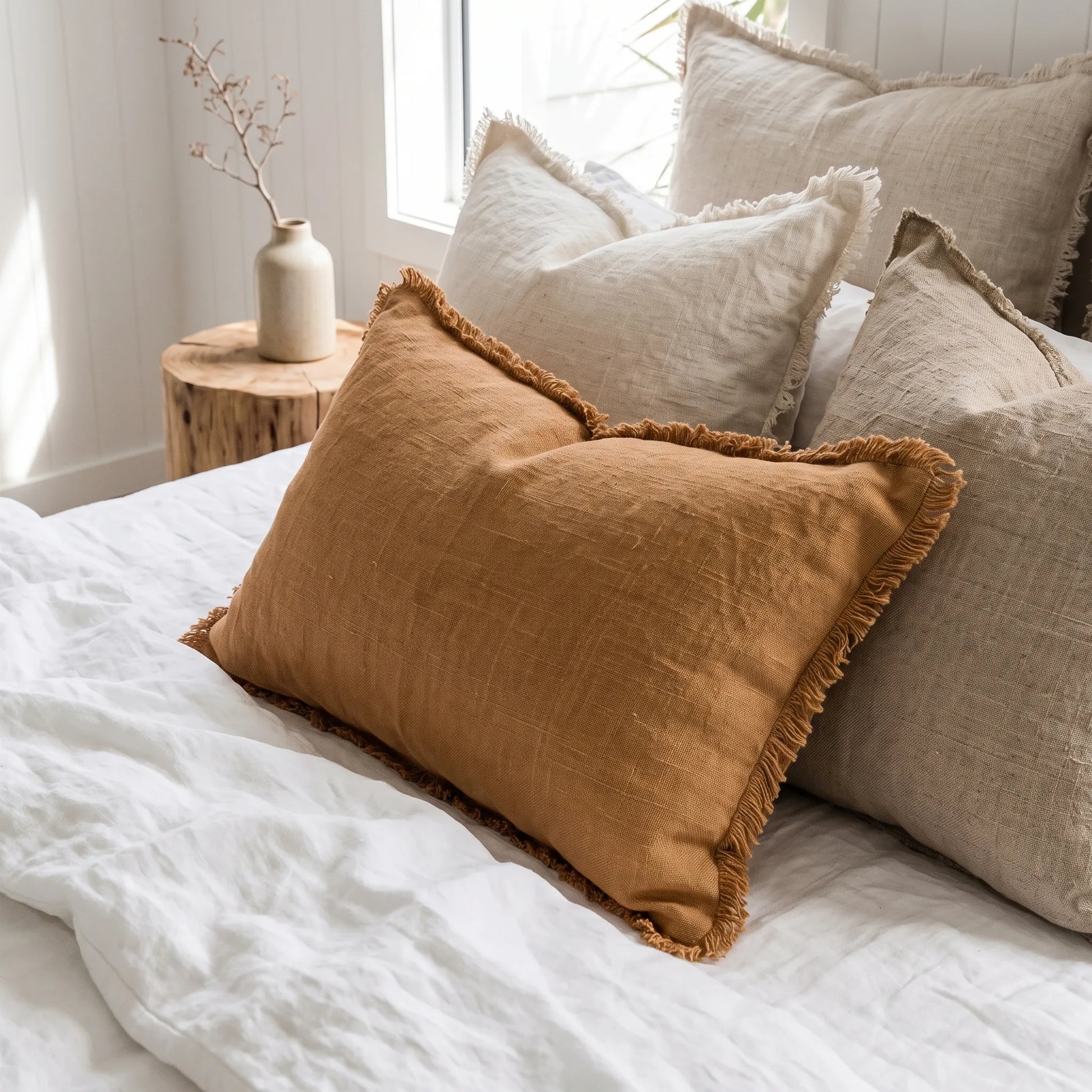 A warm tan linen throw pillow with fringed edges styled on a white bed alongside neutral beige and cream pillows, with a rustic wooden side table and vase in the background.