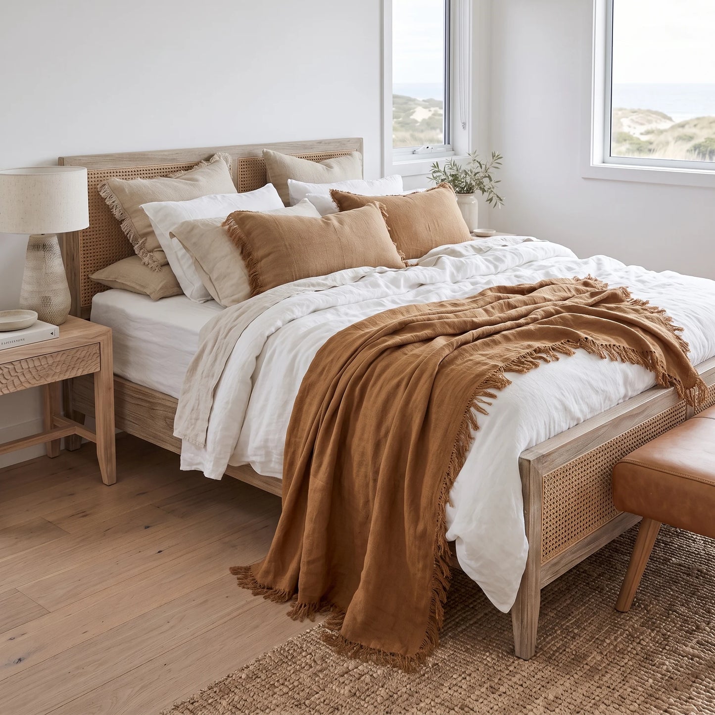 A styled bed in a bright, modern bedroom featuring a light wood frame with woven cane panels, dressed in white and beige linens with a prominent rust-brown throw blanket draped over the foot of the bed.