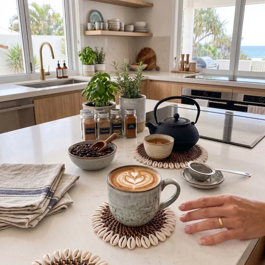Coffee setup on a kitchen counter with a cup of coffee, teapot, and coffee beans.