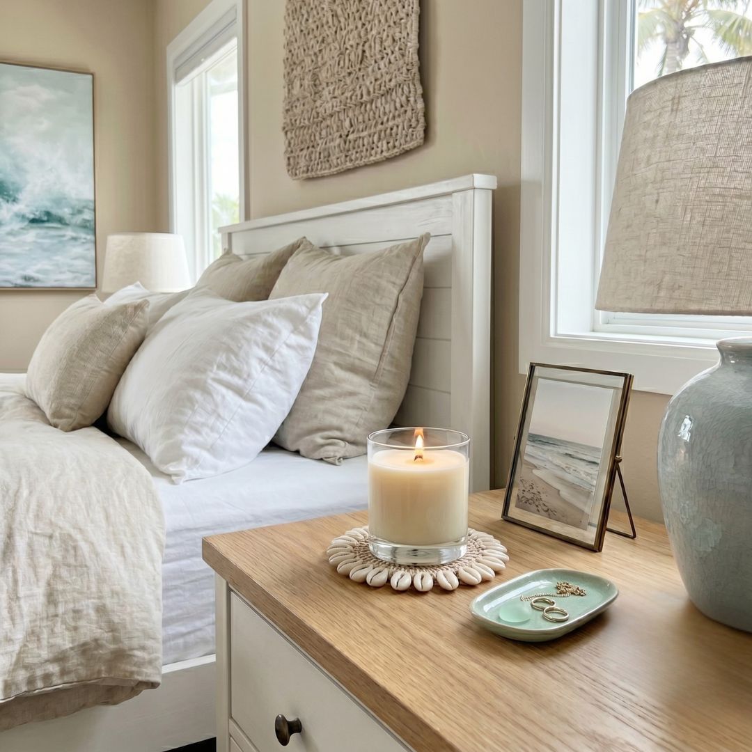 Cozy bedroom with a bed, nightstand, and decorative items.
