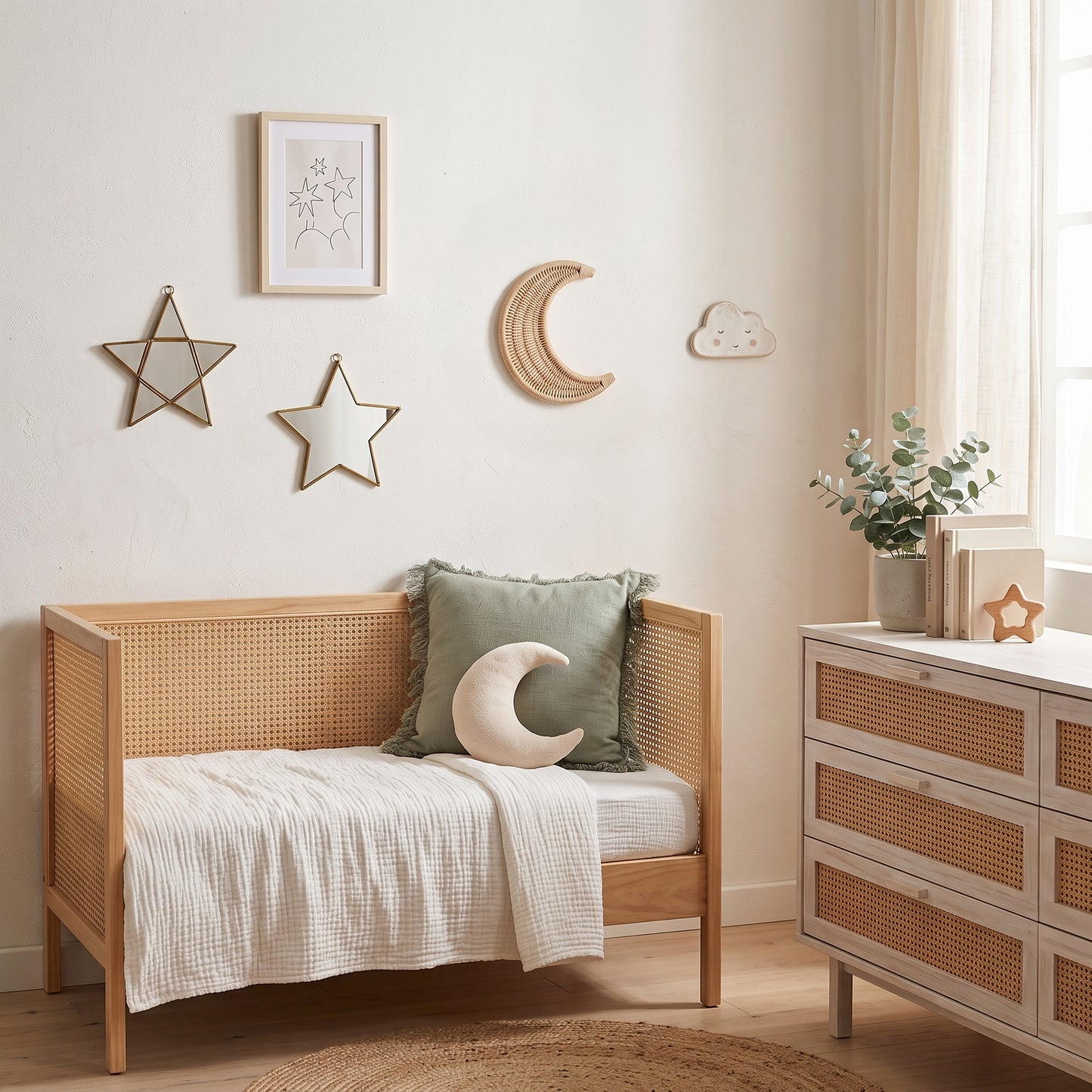 A styled children's bedroom corner featuring a light wood daybed with a woven cane frame, dressed in cream bedding and a sage green pillow with a crescent moon accent. A matching wooden dresser with woven drawer fronts stands beside a window with sheer curtains, decorated with a small plant and a star-shaped ornament.