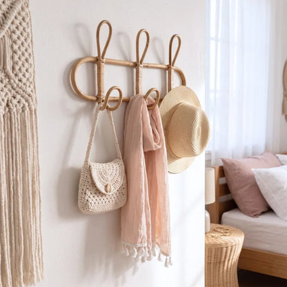 rattan trio wall hook in a styled bedroom
