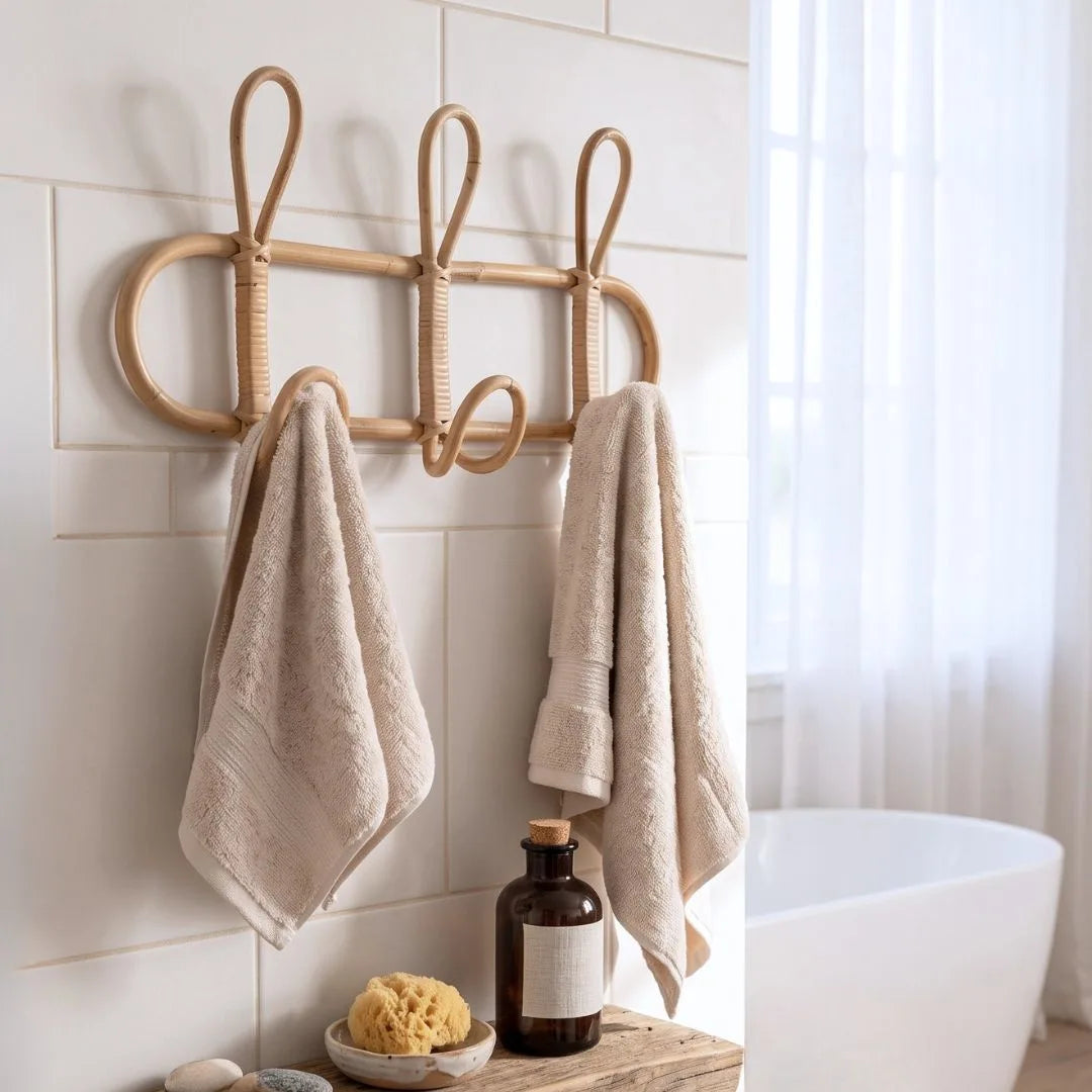 rattan trio wall hook in a styled bathroom
