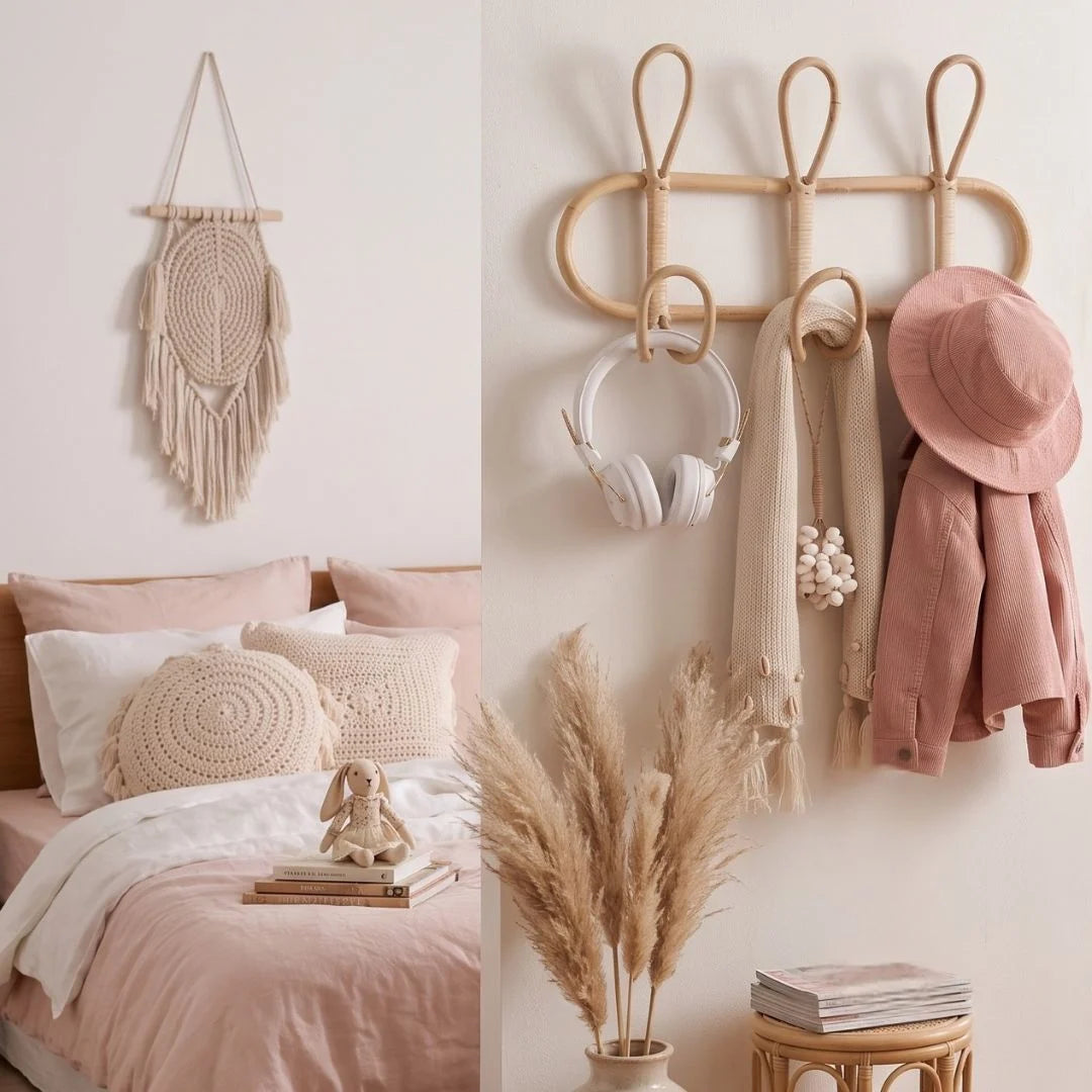 rattan trio wall hook in a styled bedroom