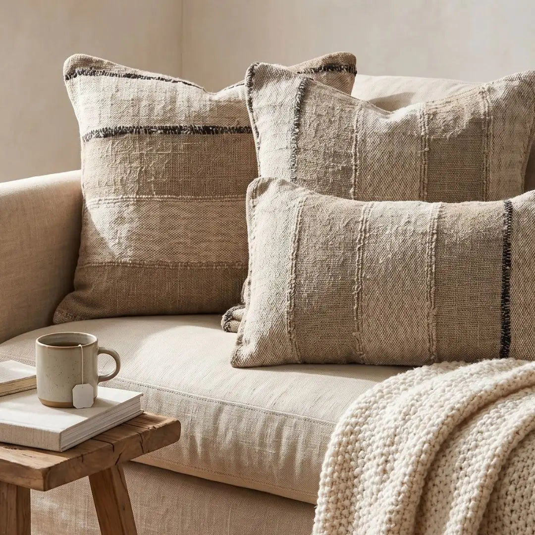 Beige sofa with textured pillows and a wooden side table featuring a mug and book.