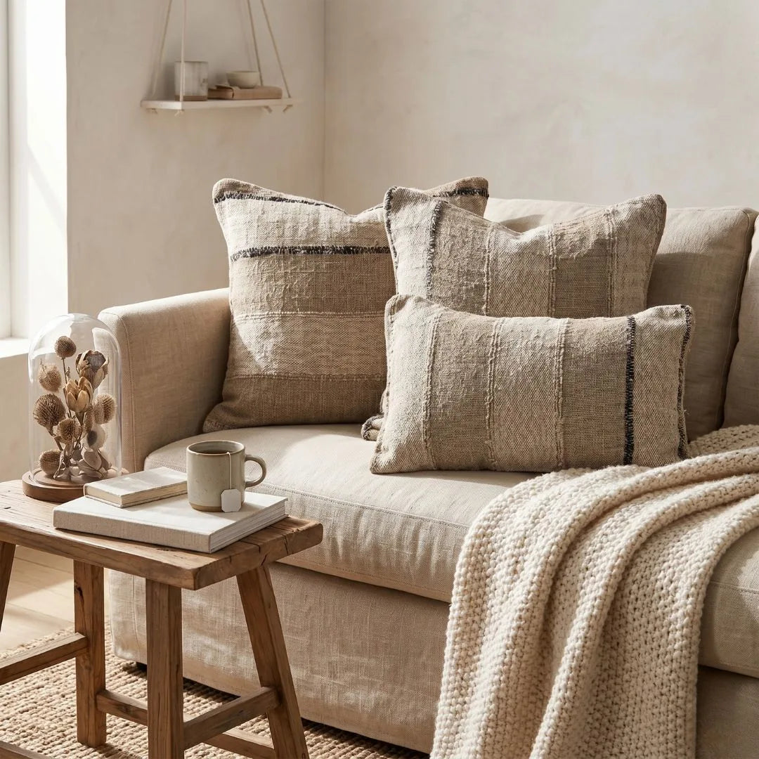 Beige sofa with textured pillows and a wooden side table in a cozy living room.