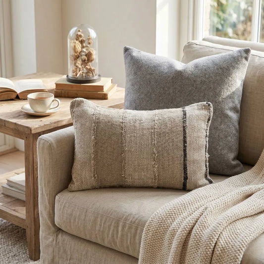 Cozy living room with a beige sofa, textured pillows, and a wooden coffee table.