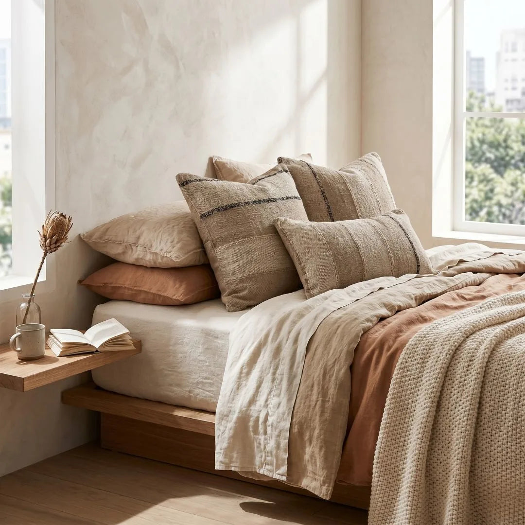 Neatly made bed with beige and brown bedding and pillows in a bright room.