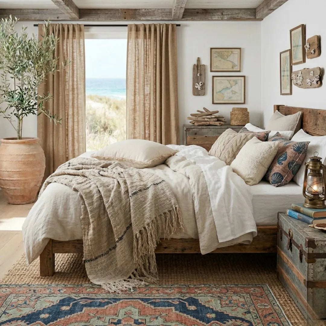 Cozy bedroom with wooden bed, decorative pillows, and a large window with curtains.