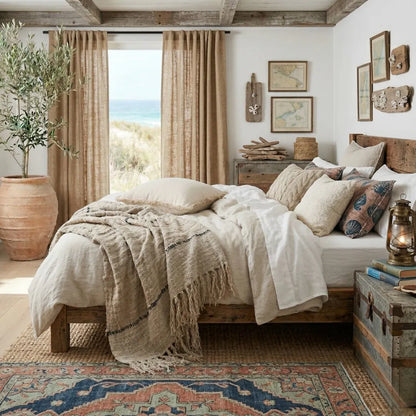 Cozy bedroom with wooden bed, decorative pillows, and a large window with curtains.