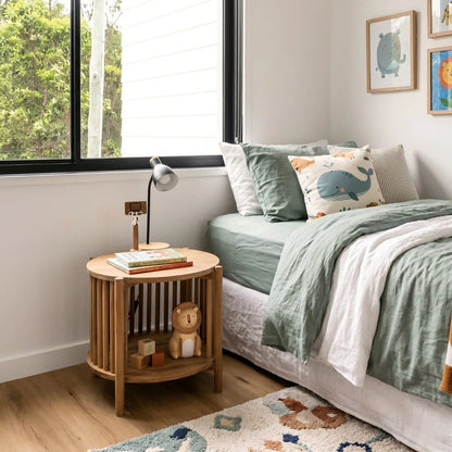 Children's bedroom with a bed, side table, and decorative items.