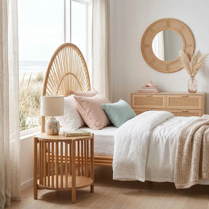 Nautical-themed bedroom with wooden bed, side table, and decorative mirror.