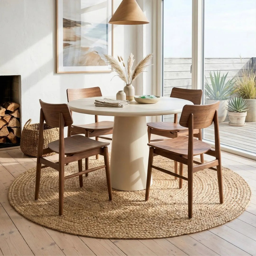 Dining area with a round natural jute floor rug, white table and wooden chairs by Sun Republic