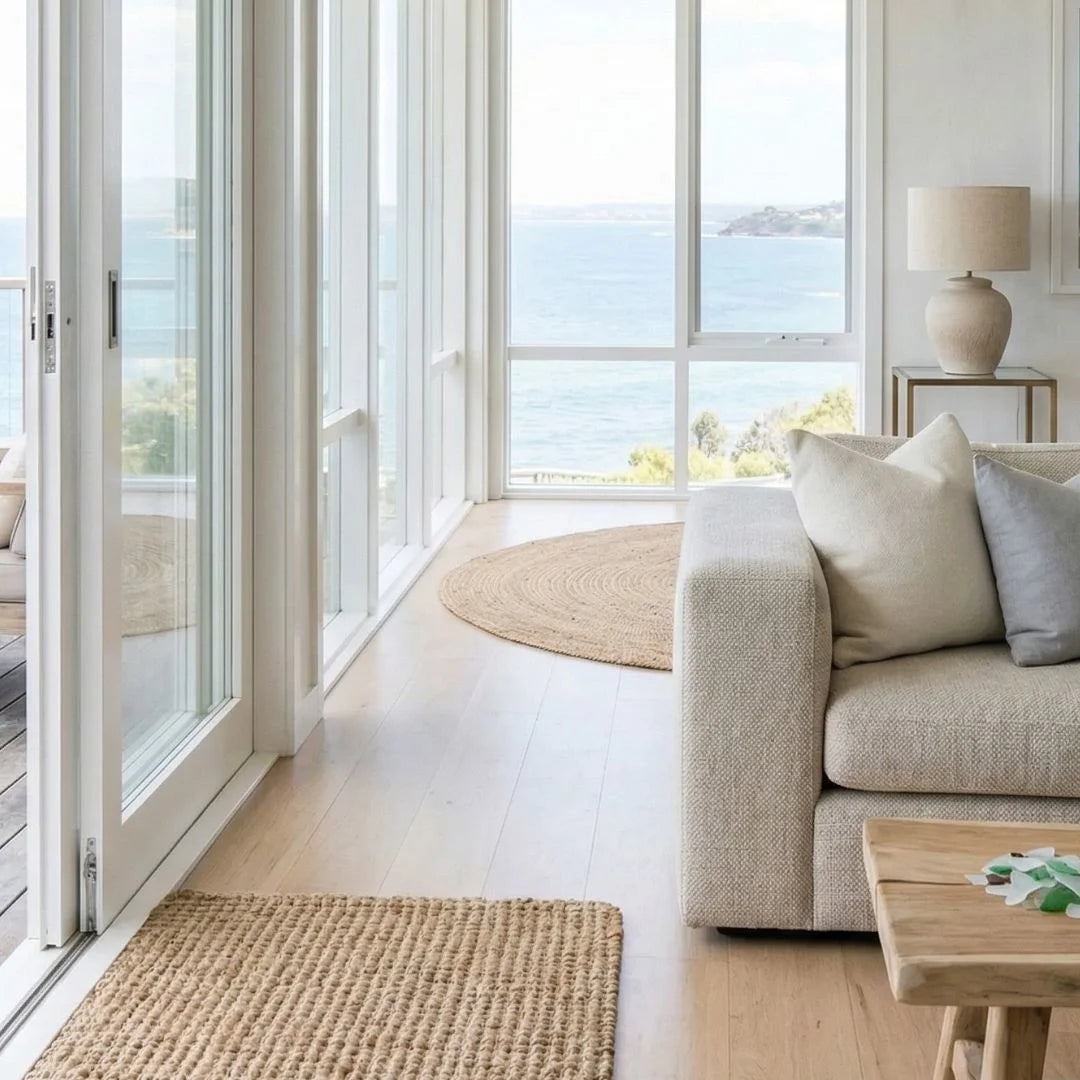Modern living room with a view of the ocean through large windows.