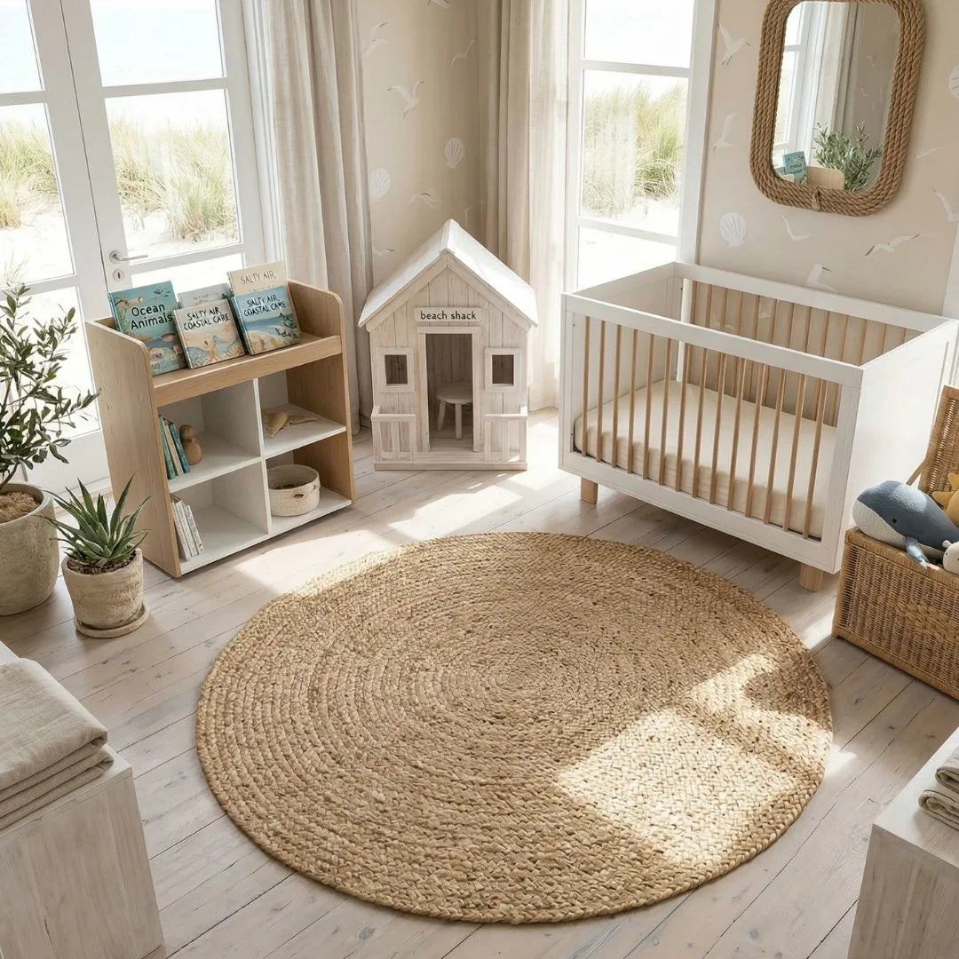 Nursery room with round jute rug, crib, and children's books.