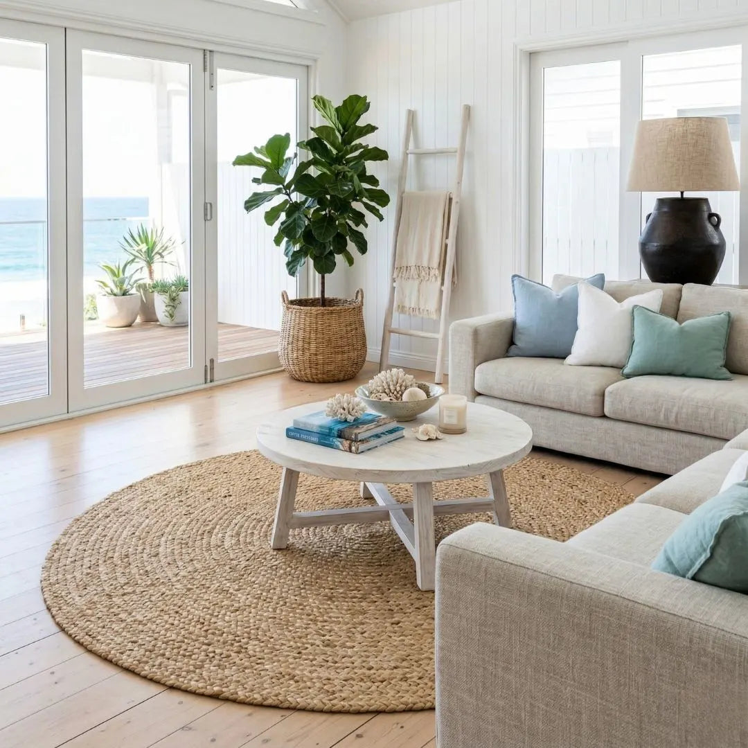 Modern living room with beige sofas, a round coffee table, and decorative items.
