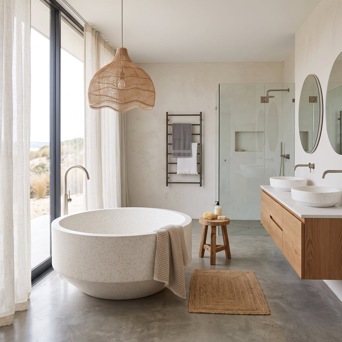 A modern bathroom interior featuring a freestanding round stone bathtub, a wooden floating double-sink vanity with white vessel sinks, a glass shower enclosure, and a large woven pendant light over a concrete floor.