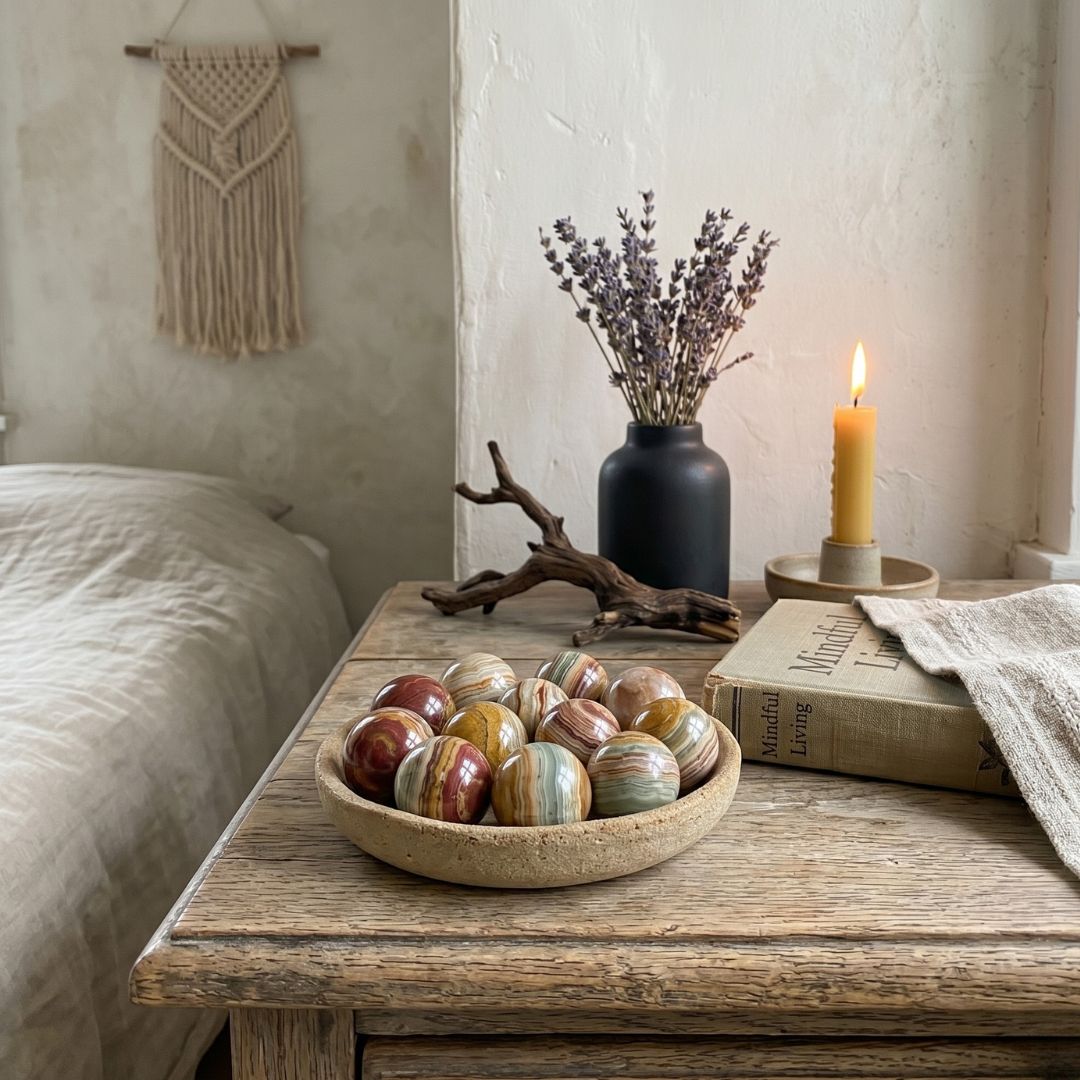 Decorative bowl with marbled balls on a wooden table in a bedroom setting.