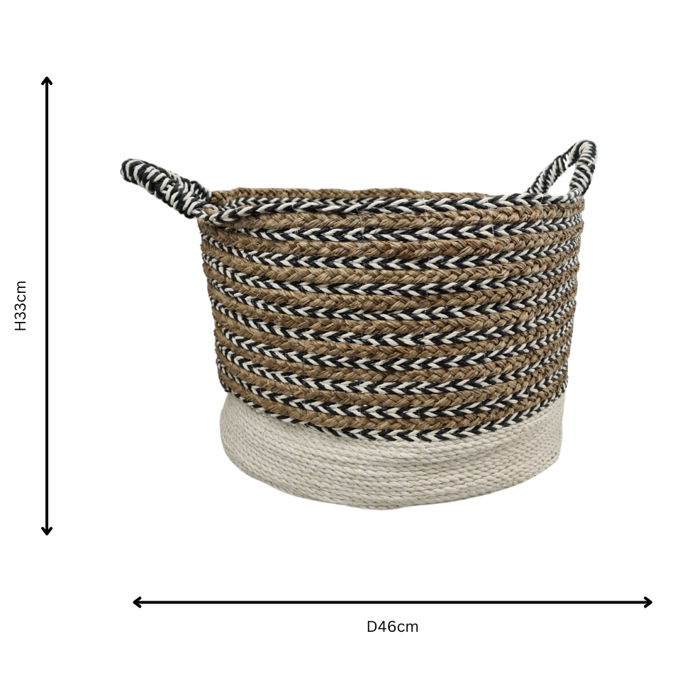 A woven storage basket with two loop handles, shown on a white background with dimension arrows and text indicating height 133 cm, diameter 46 cm, and product name 'Baskets Set 6 - Phoenicia White'.