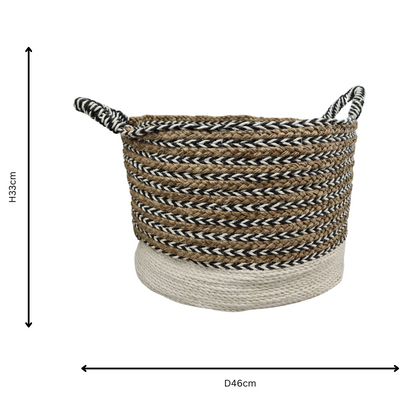 A woven storage basket with two loop handles, shown on a white background with dimension arrows and text indicating height 133 cm, diameter 46 cm, and product name 'Baskets Set 6 - Phoenicia White'.