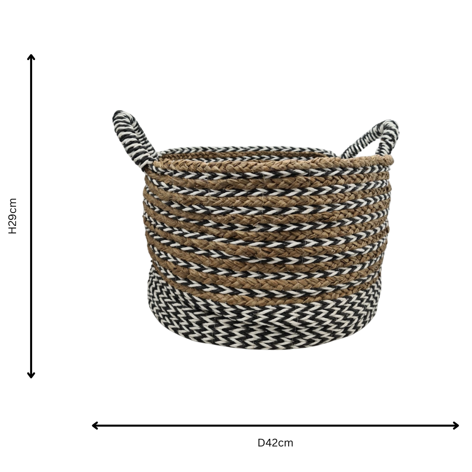 A rope storage basket with two handles, shown on a white background with dimension arrows indicating a height of 220cm and width of 420cm. Text below reads 'Baskets Set 6 - Phoenicia White' and lists materials as Seagrass, Banana Palm.