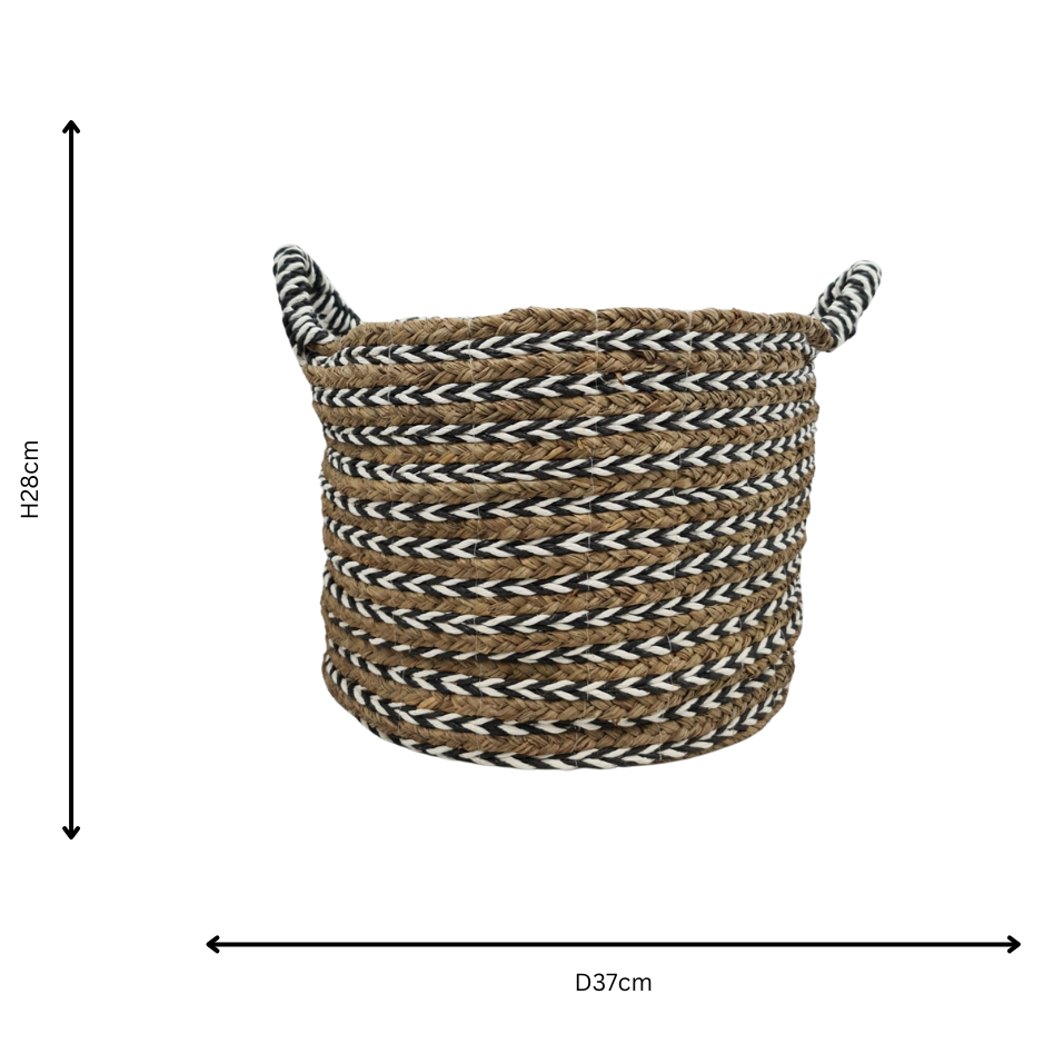 Woven basket with dimensions on a white background