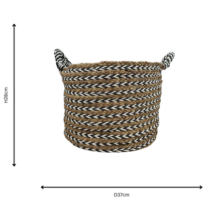 Woven basket with dimensions on a white background