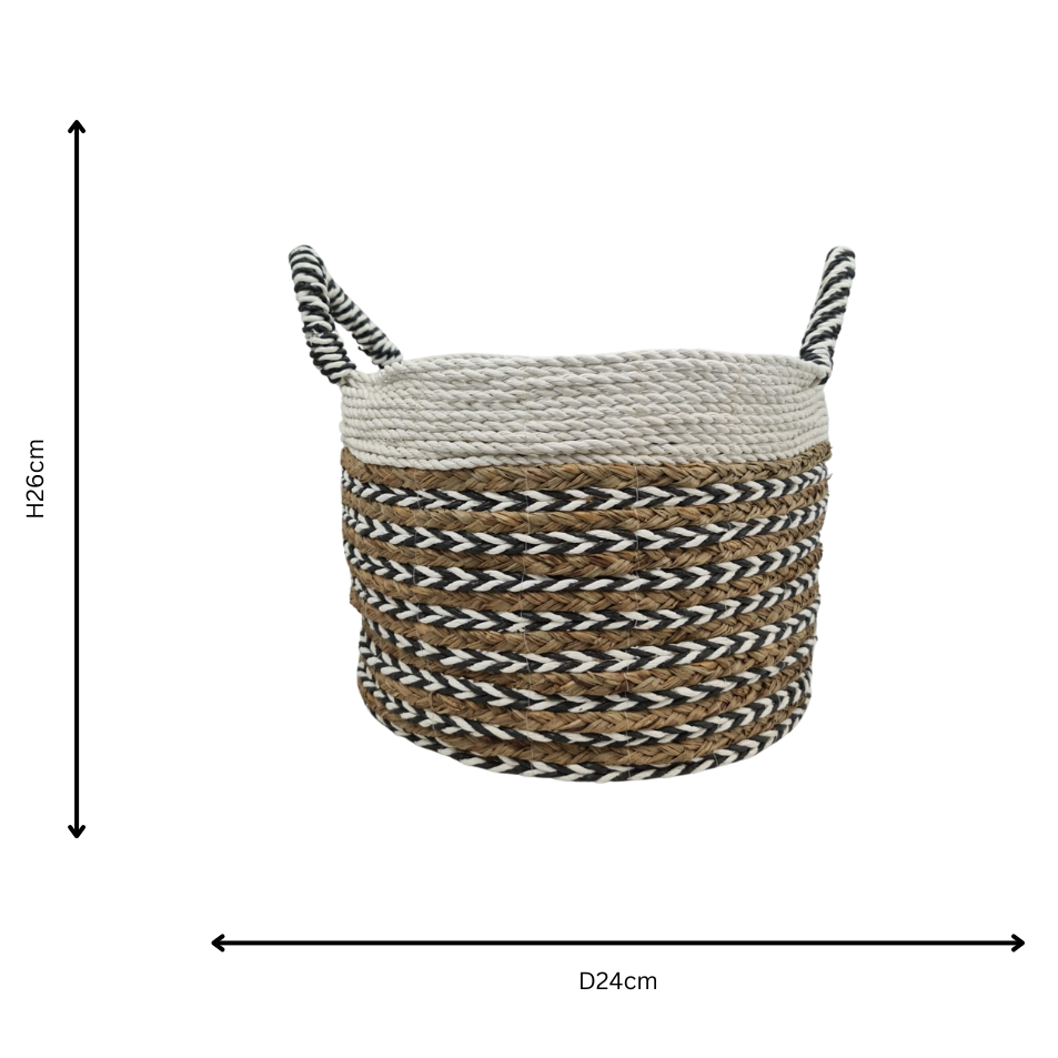 Woven basket with handles and dimensions on a white background