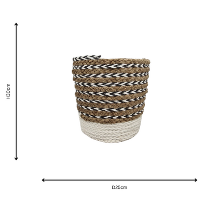 Woven basket with dimensions and product details on a white background