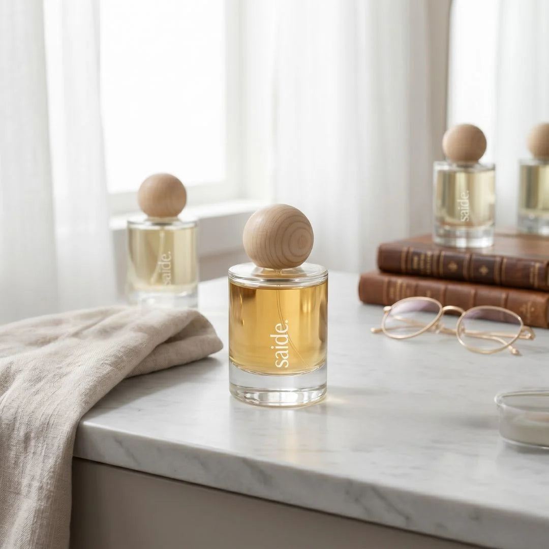 Perfume bottle with wooden cap on a marble surface with books and glasses in the background