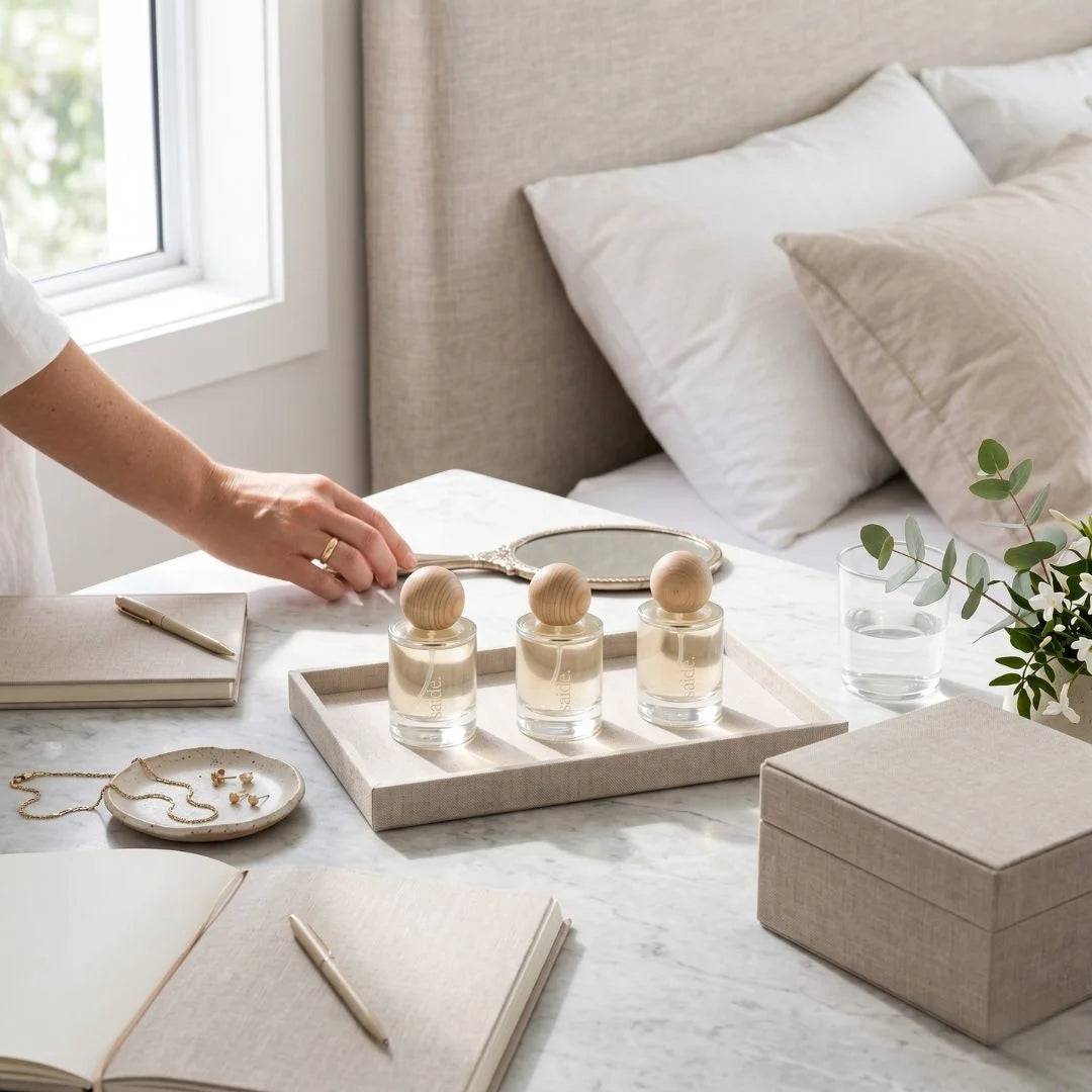 Three small bottles of perfume on a tray with a hand reaching towards them, set against a neutral-colored room with books and a plant.