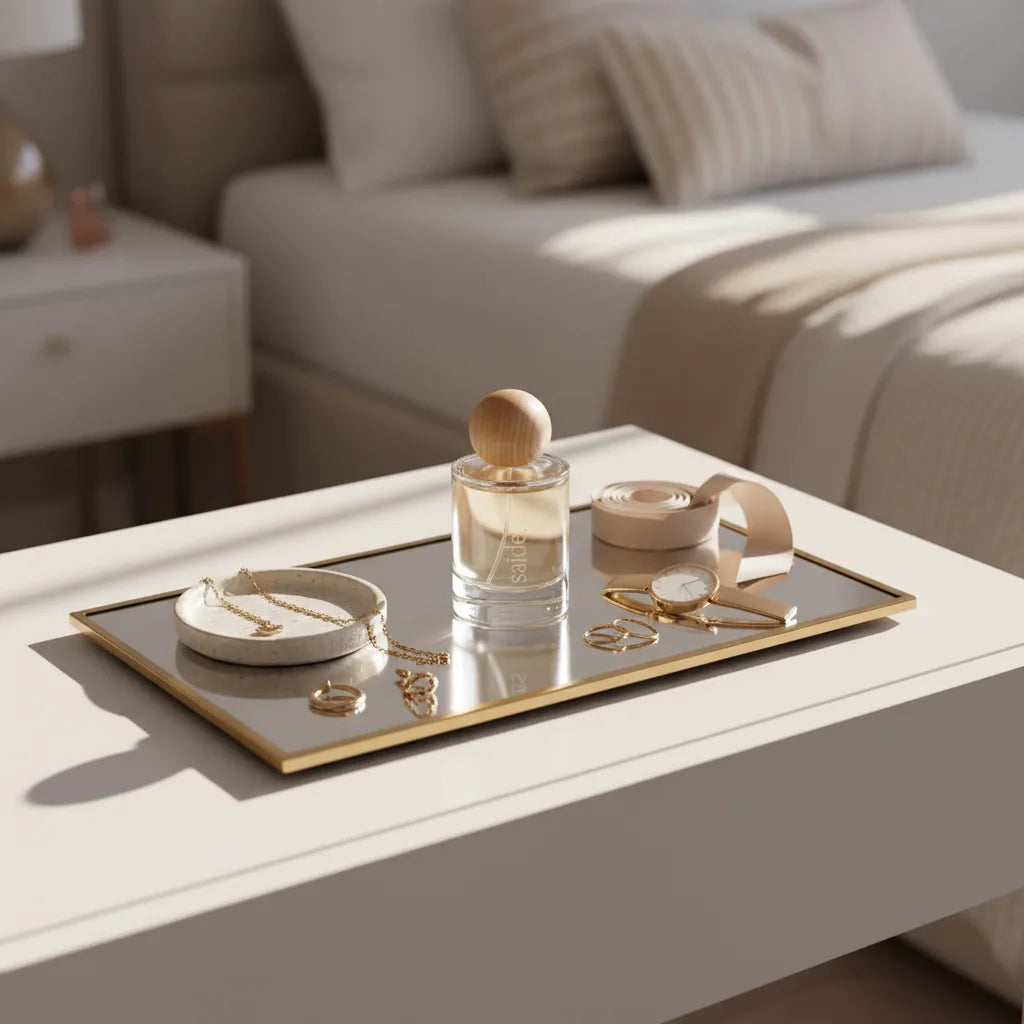 Perfume bottle on a mirrored tray with jewelry on a coffee table in a living room.