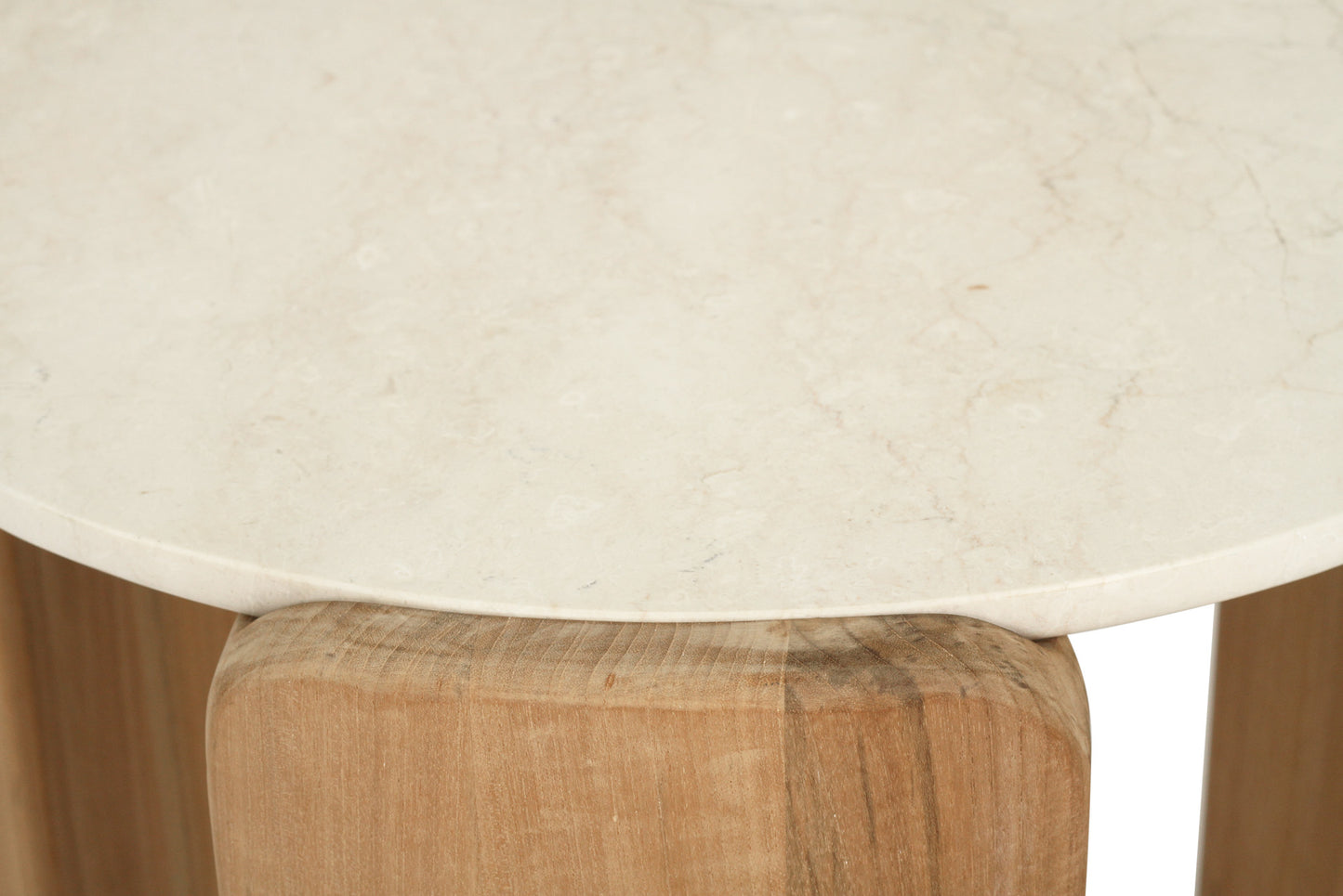 Round marble top coffee table and wooden legs on a white background