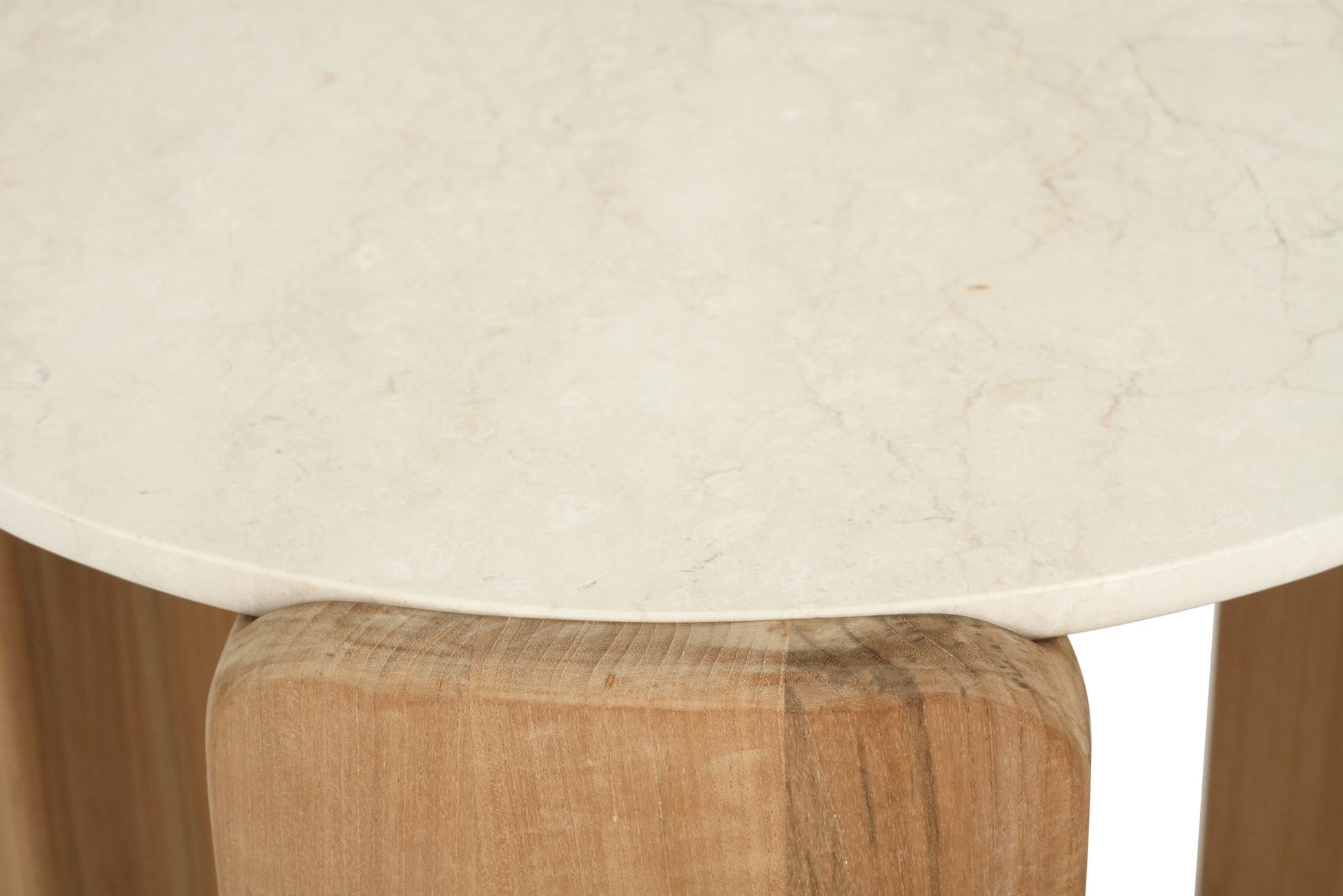 Round marble top coffee table and wooden legs on a white background
