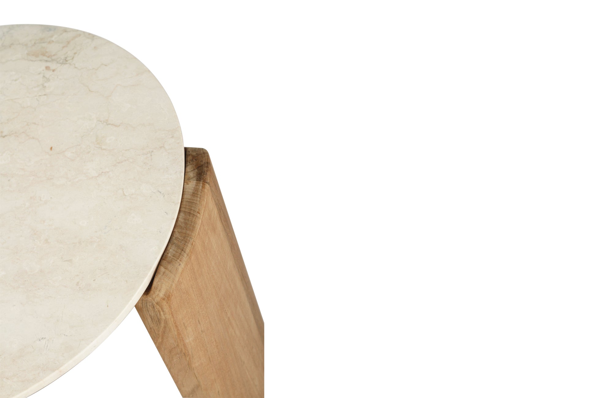 Round marble top coffee table and wooden legs on a white background
