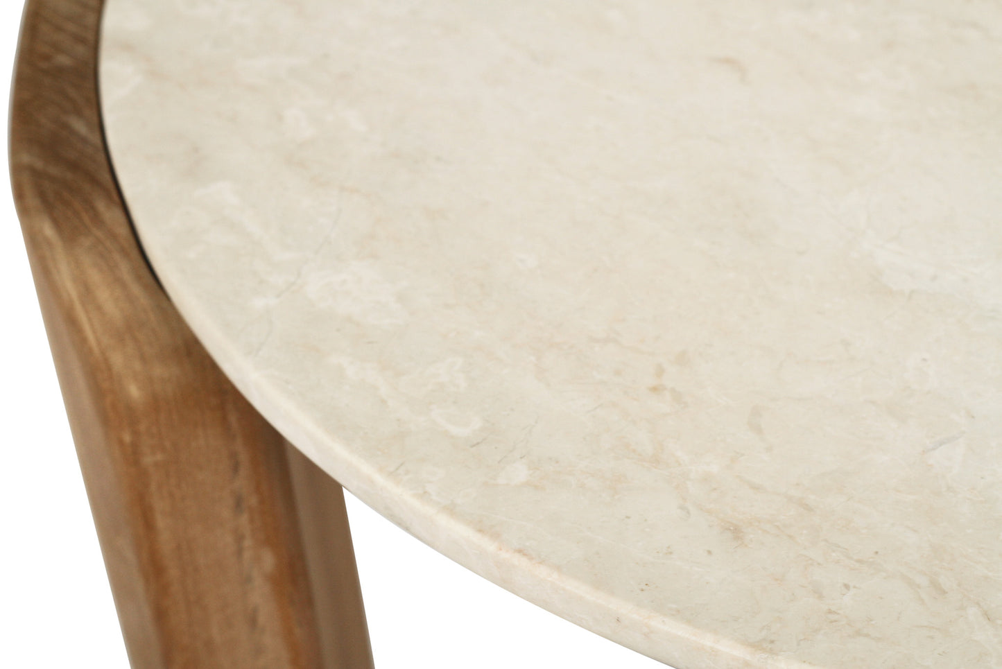 Round marble top coffee table and wooden legs on a white background