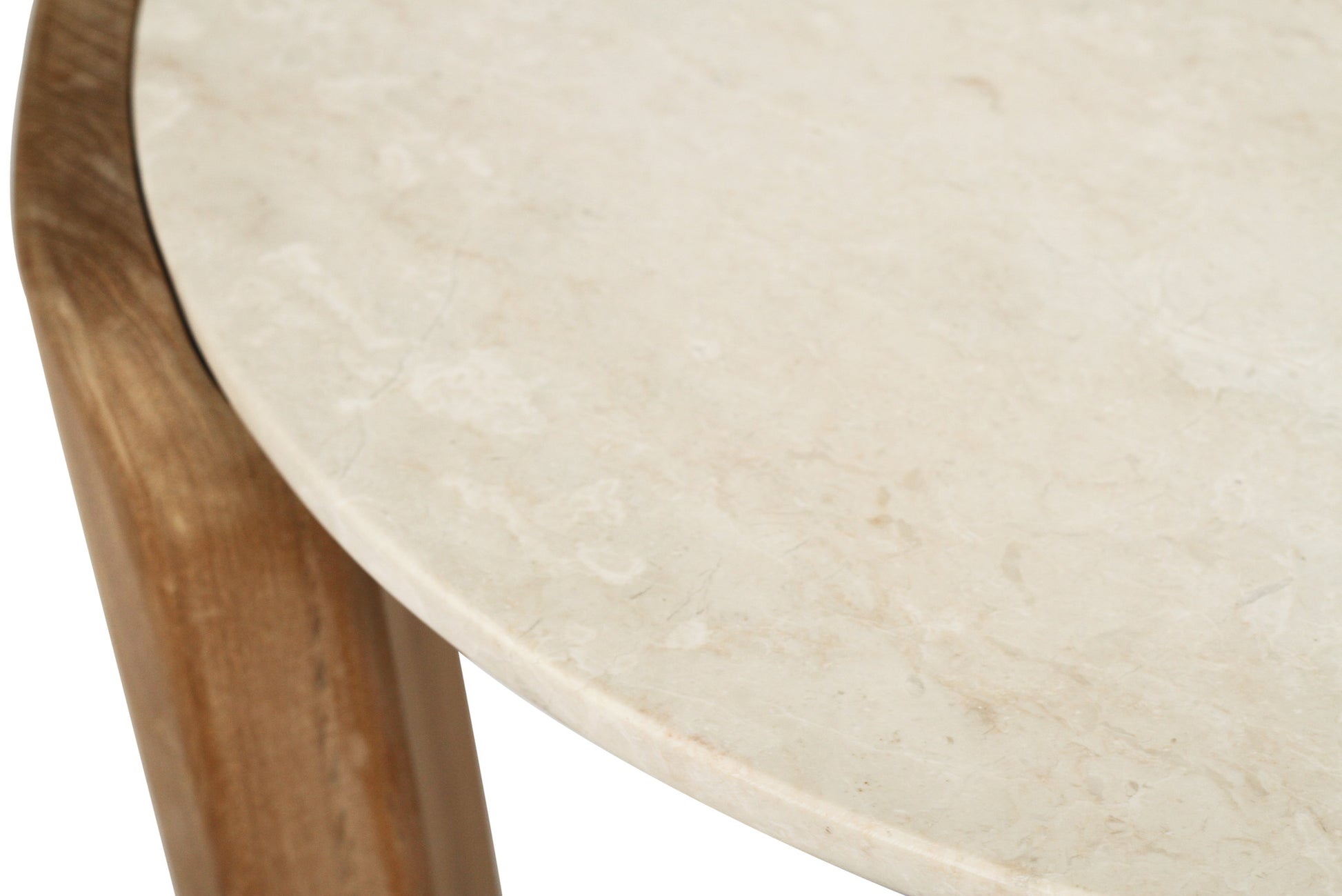 Round marble top coffee table and wooden legs on a white background