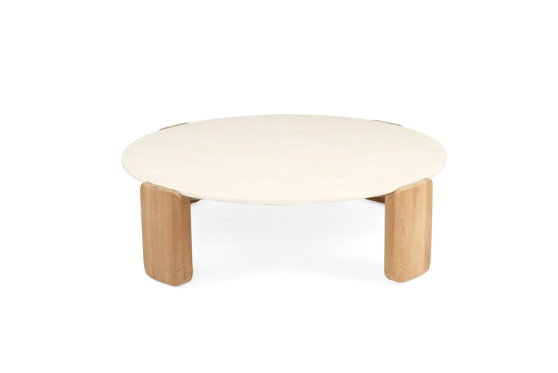 Round marble top coffee table and wooden legs on a white background
