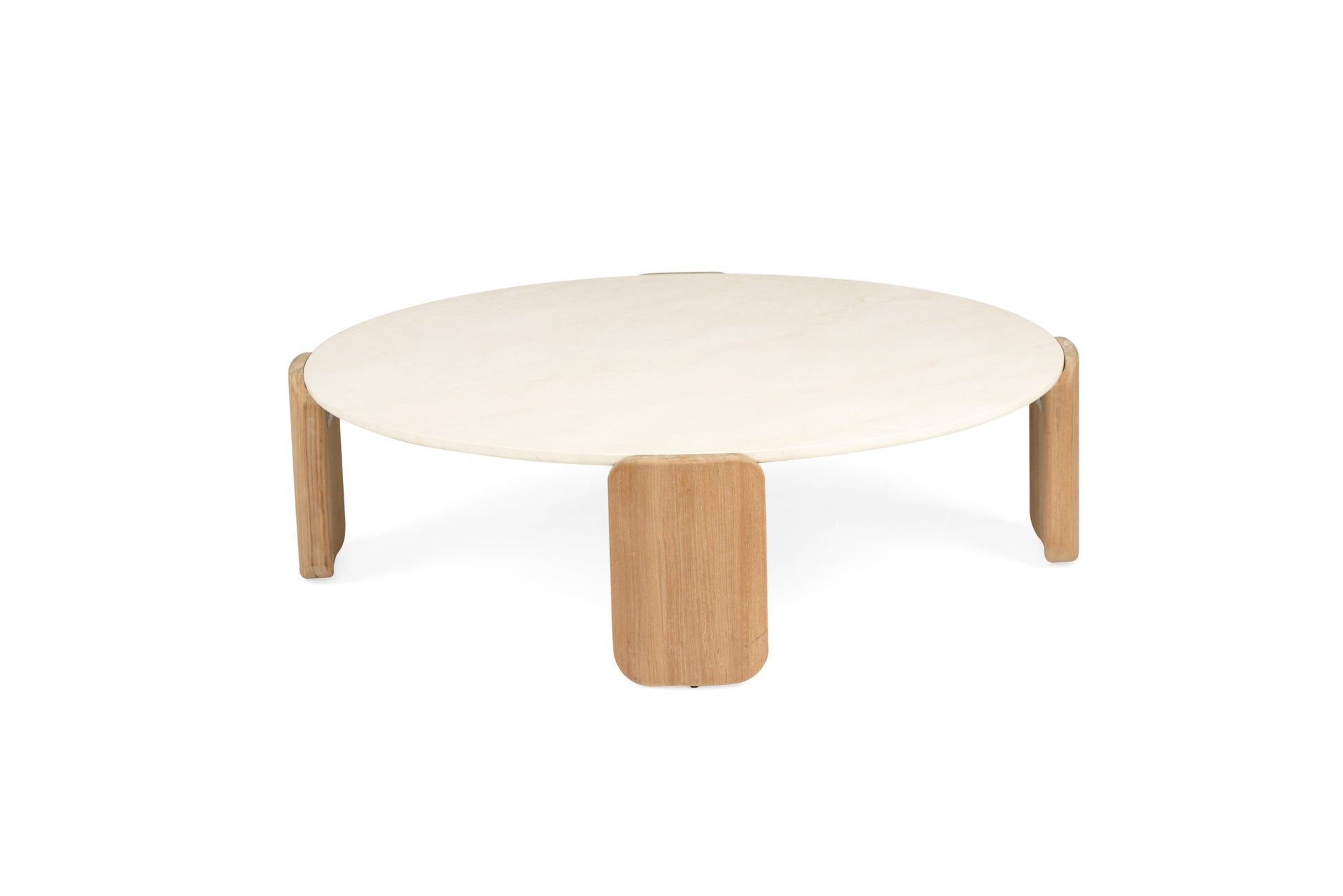 Round wooden coffee table with a white top on a white background