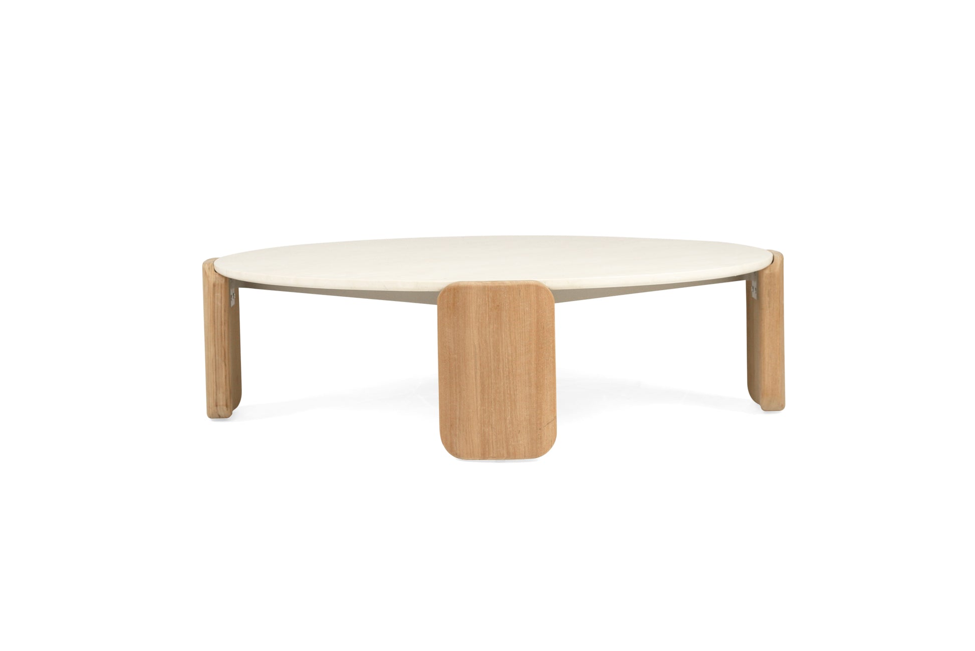 Round coffee table with a white top and wooden legs on a white background