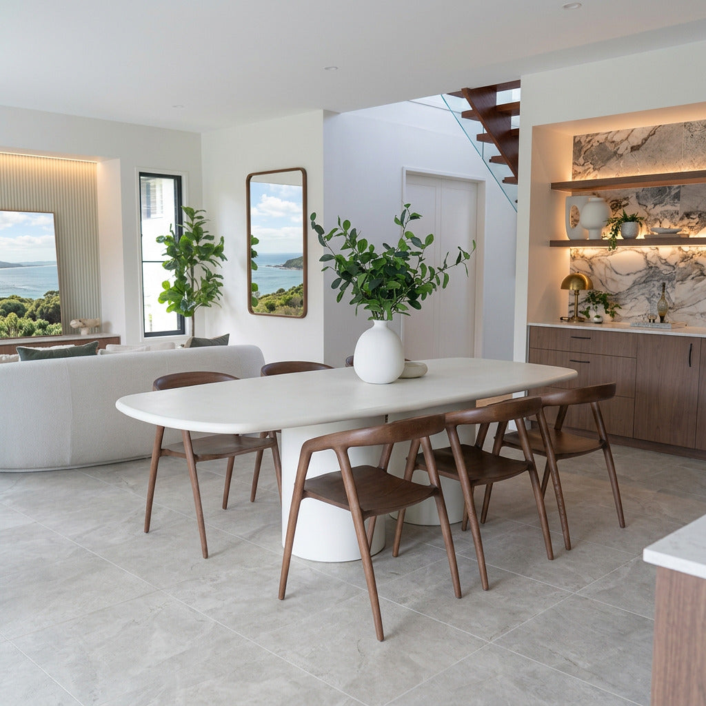 Modern dining area with a white round table and wooden chairs in a stylish interior.