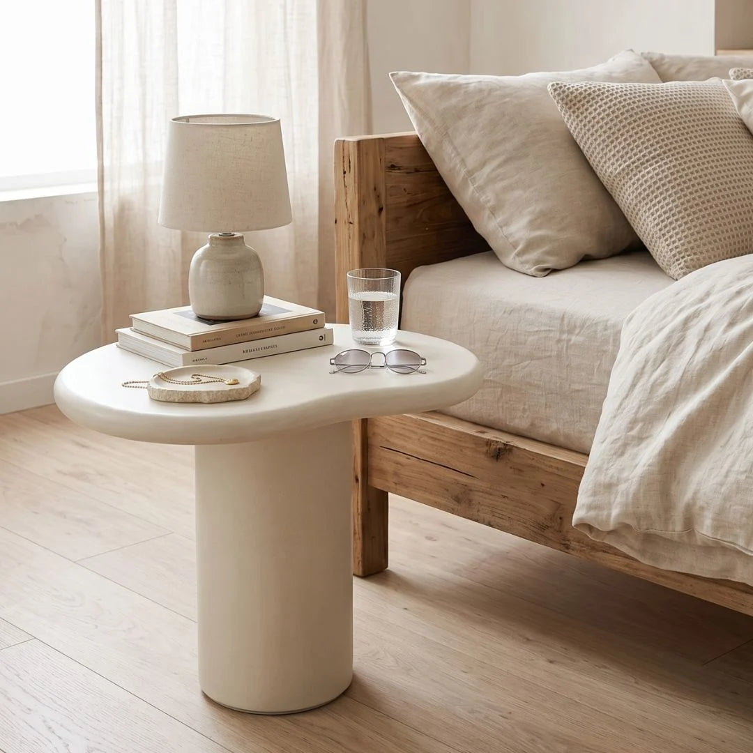 Siena microcement side table next to a bed in a modern bedroom